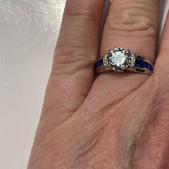 2 ct MOISSANITE & Sapphires 3x Rhodium Sterling Engagement/Ring! - Picture 1 of 13
